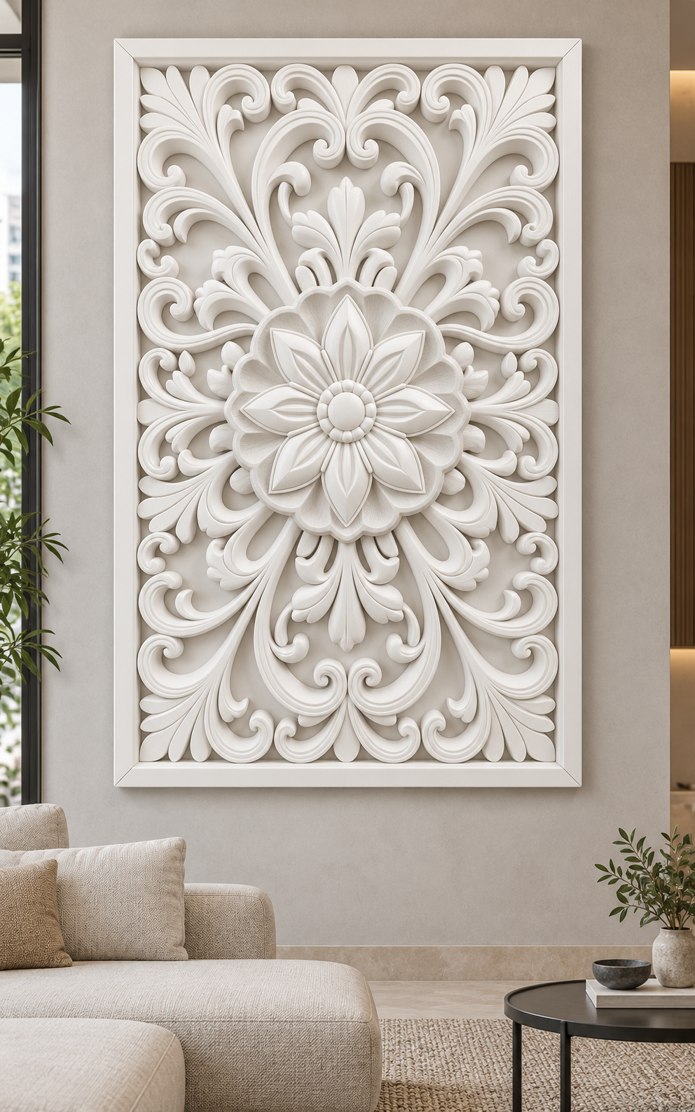 Pointed Bloom Scalloped Crown Corian wall panel, front view on a compact living room feature wall in a Mumbai home; AI-assisted concept visualisation