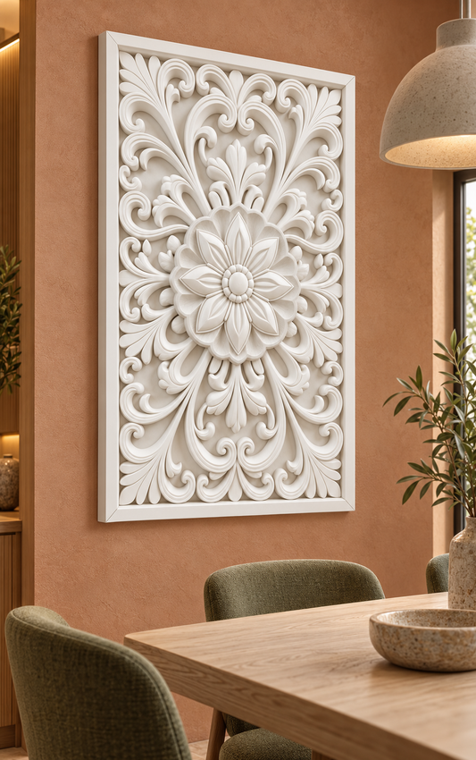 Pointed Bloom Scalloped Crown Corian wall panel, left view on a dining room side wall in a Mumbai home; AI-assisted concept visualisation