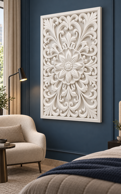 Pointed Bloom Scalloped Crown Corian wall panel, right view on a bedroom reading wall in a Mumbai home; AI-assisted concept visualisation