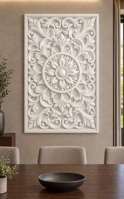Pointed Bloom Sunray Ring Corian wall panel, front view on a formal dining room wall in a Mumbai home; AI-assisted concept visualisation