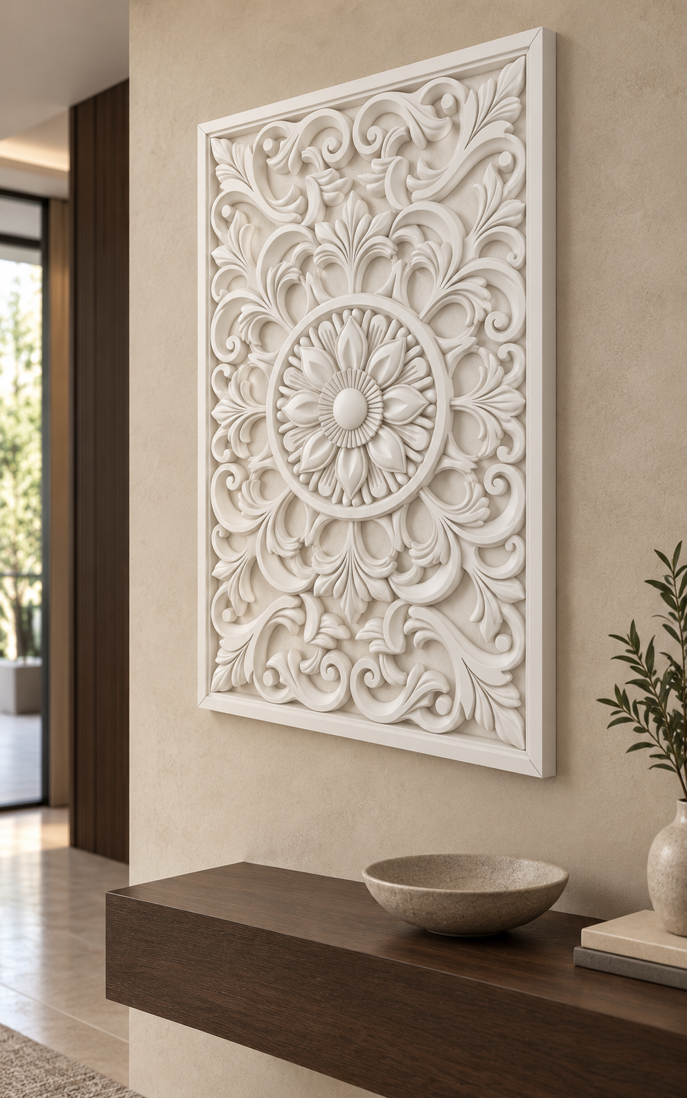 Pointed Bloom Sunray Ring Corian wall panel, right view on an entrance foyer wall in a Mumbai home; AI-assisted concept visualisation