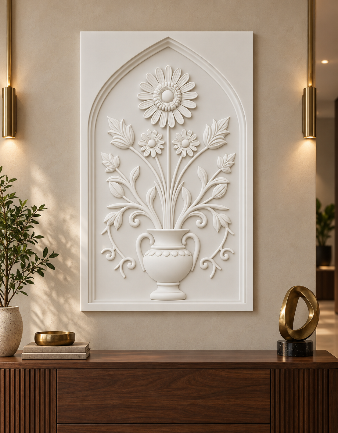 Pointed Bud Beaded Urn Corian wall panel, front view in a refined Mumbai apartment foyer with a walnut console and brass lighting; AI-assisted concept visualisation