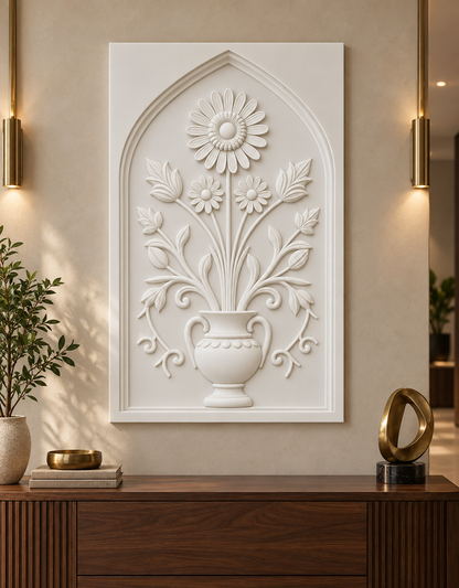 Pointed Bud Beaded Urn Corian wall panel, front view in a refined Mumbai apartment foyer with a walnut console and brass lighting; AI-assisted concept visualisation
