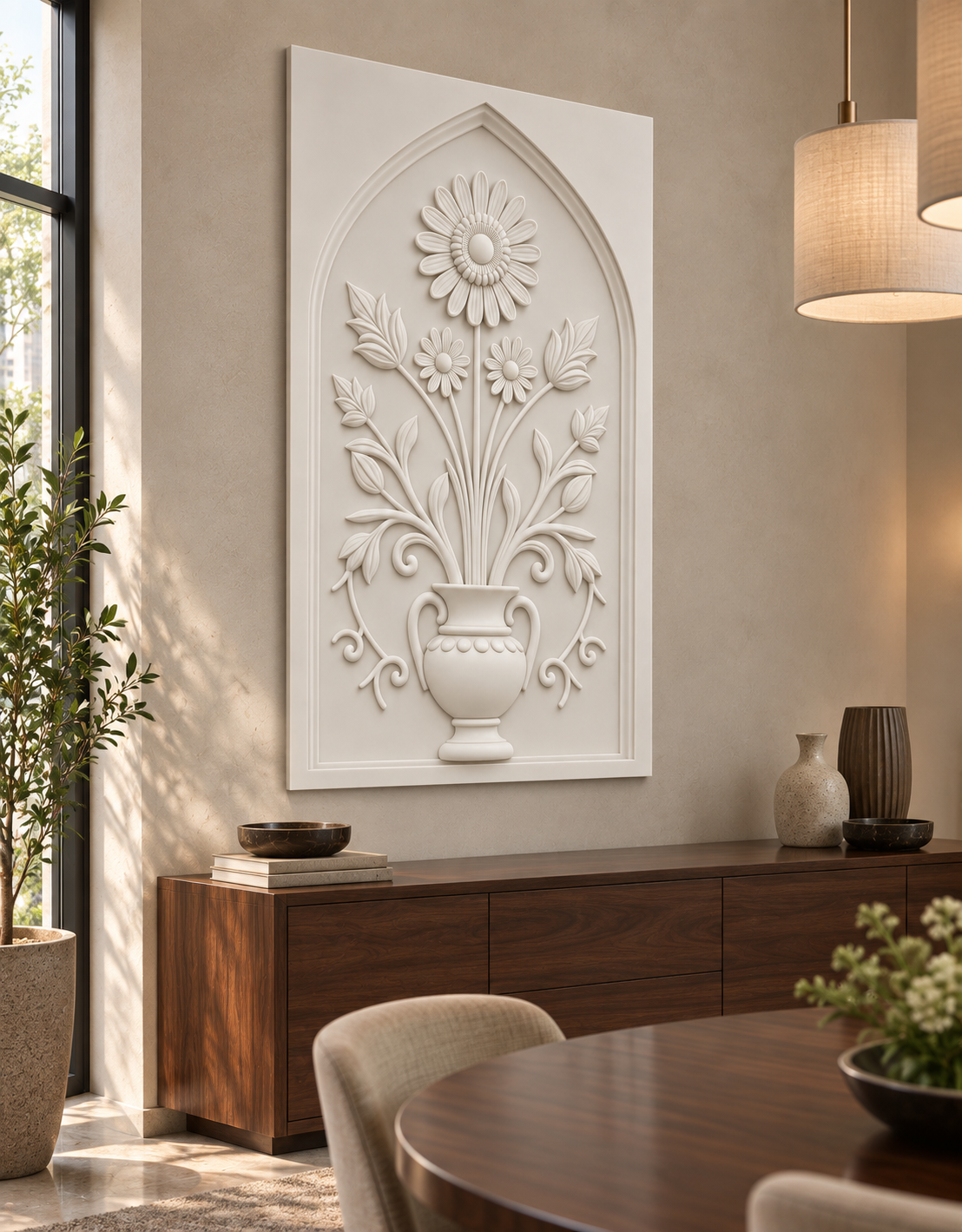 Pointed Bud Beaded Urn Corian wall panel, left view in a Mumbai dining nook with a dark walnut sideboard, oval table and linen pendants; AI-assisted concept visualisation