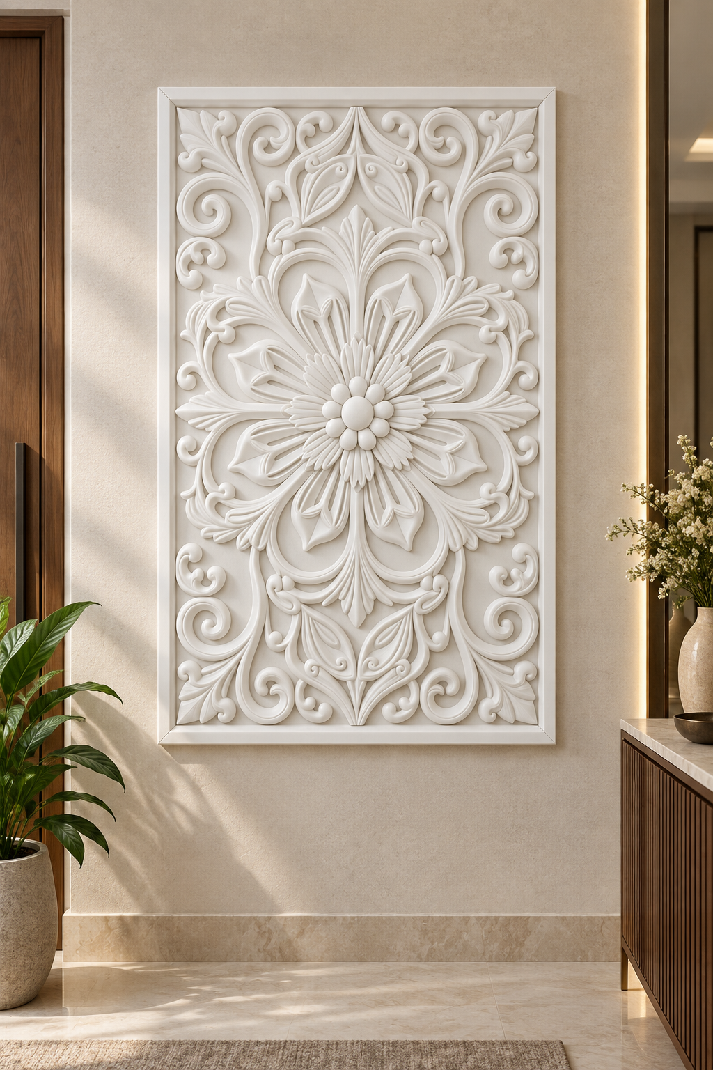Pointed Petal Arabesque Corian wall panel, front view on a formal entrance foyer wall in a Mumbai home; AI-assisted concept visualisation