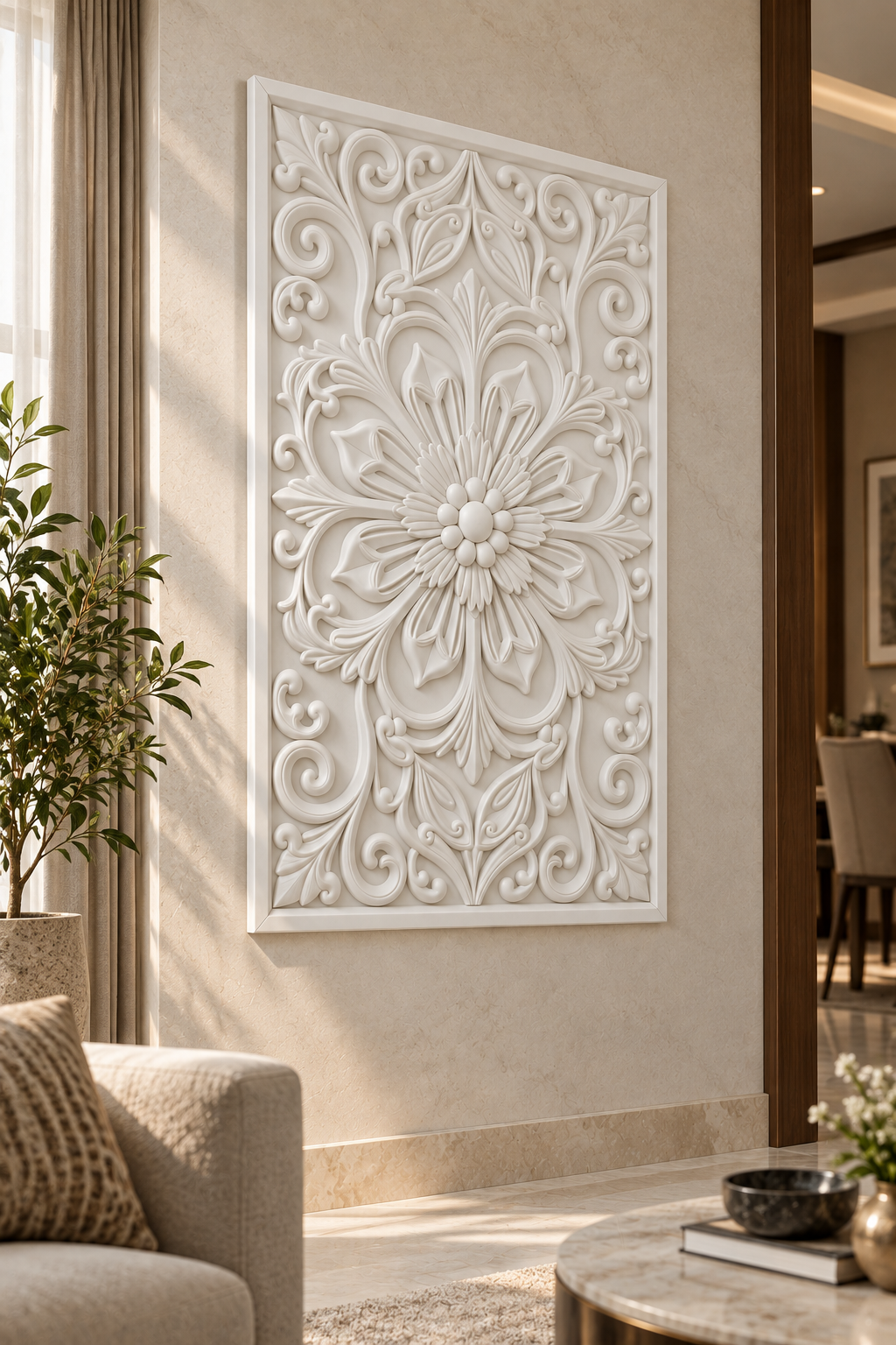 Pointed Petal Arabesque Corian wall panel, left view on a classic living room accent wall in a Mumbai home; AI-assisted concept visualisation