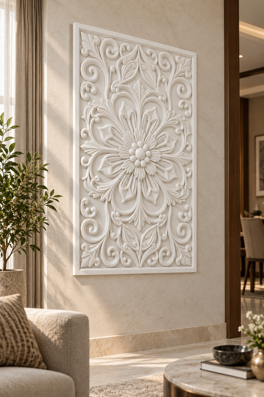 Pointed Petal Arabesque Corian wall panel, left view on a classic living room accent wall in a Mumbai home; AI-assisted concept visualisation