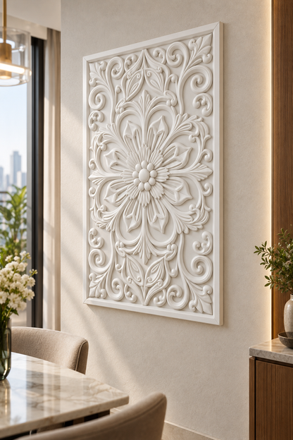 Pointed Petal Arabesque Corian wall panel, right view on a dining room display wall in a Mumbai home; AI-assisted concept visualisation