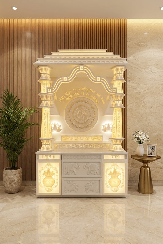 Premium Large Corian Temple Damru Pillars 4-Layer Gopuram — Luxury Home Interior — Satguru Creations