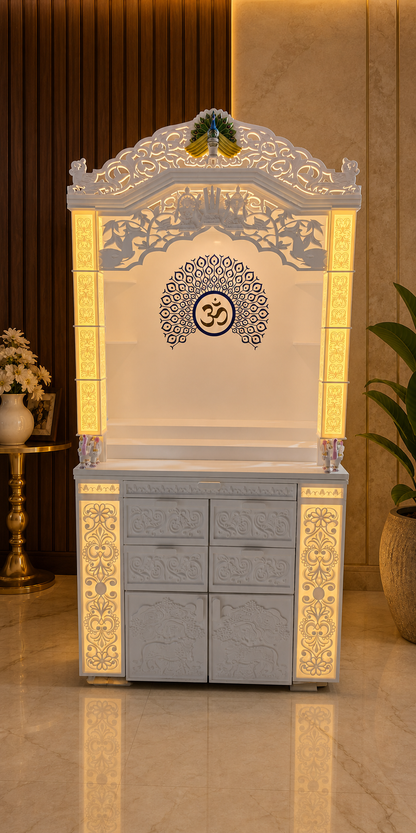 Four-foot-wide premium Corian home temple with illuminated traditional arch, drawers and vertical storage cabinets