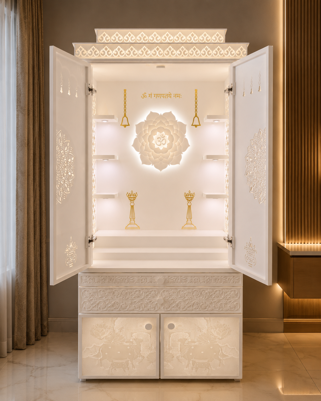 Open premium Corian mandir showing the backlit Om-lotus backdrop, side shelves, drawers and warm LED lighting