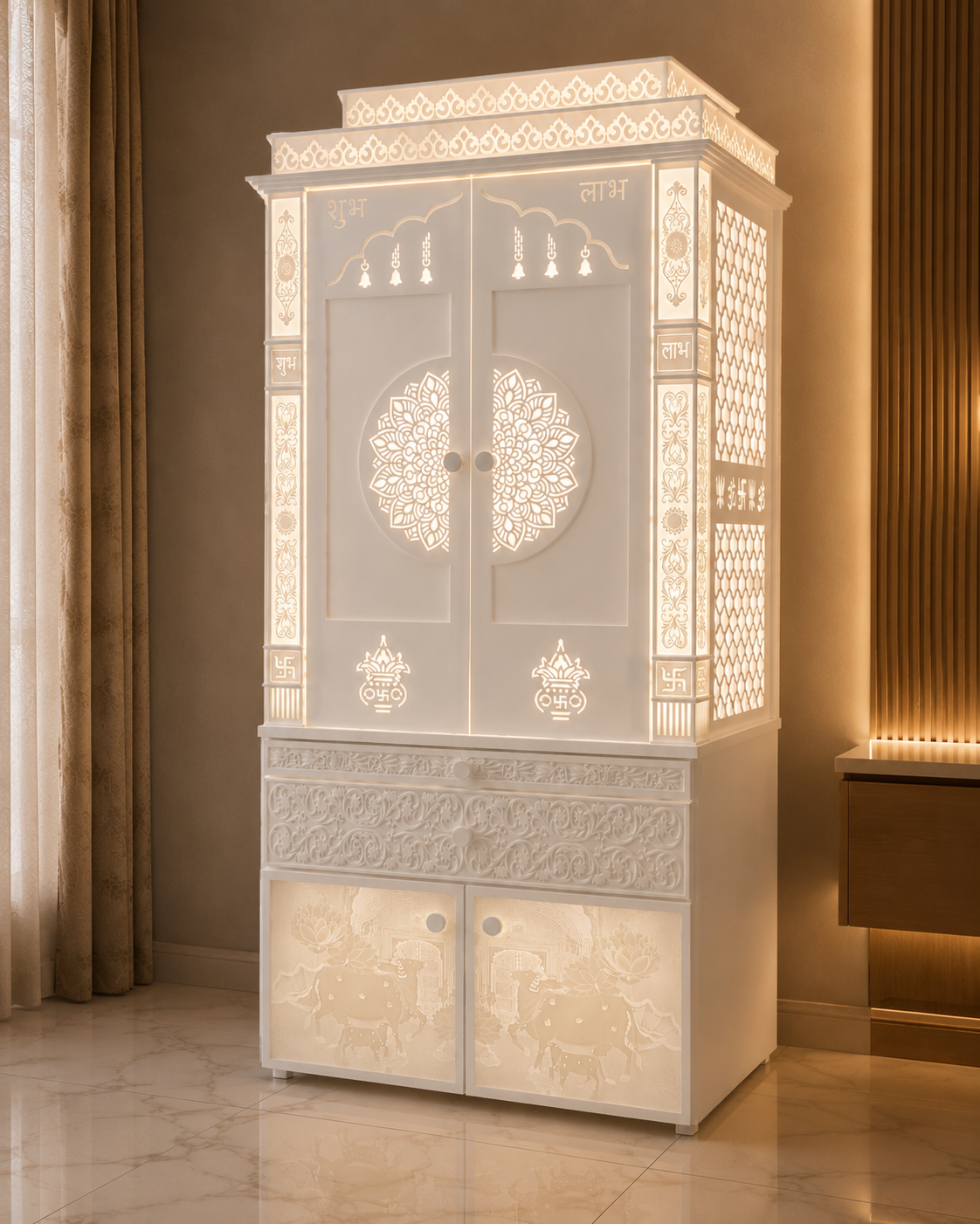 Angled view of the double-door Corian mandir with illuminated pillars, side jali panels and carved lower storage