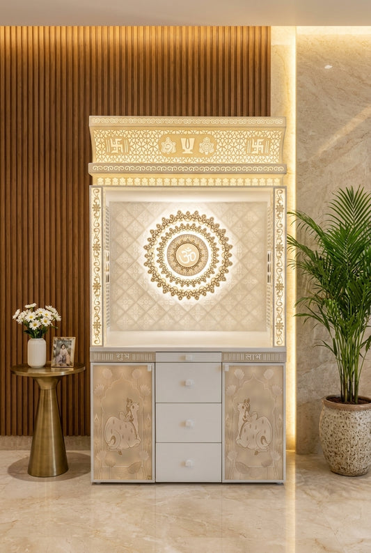 Premium 3D Backlit Corian Temple with Om Mandala — Luxury Home Interior — Satguru Creations