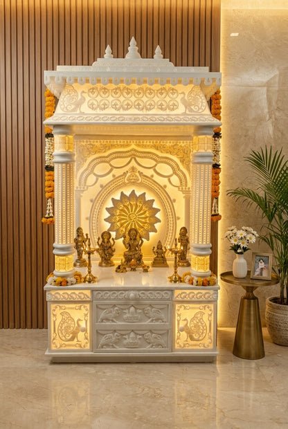 Premium Large Corian Temple 3D Backlit Pillars and 3D Dome — Luxury Home Interior — Satguru Creations