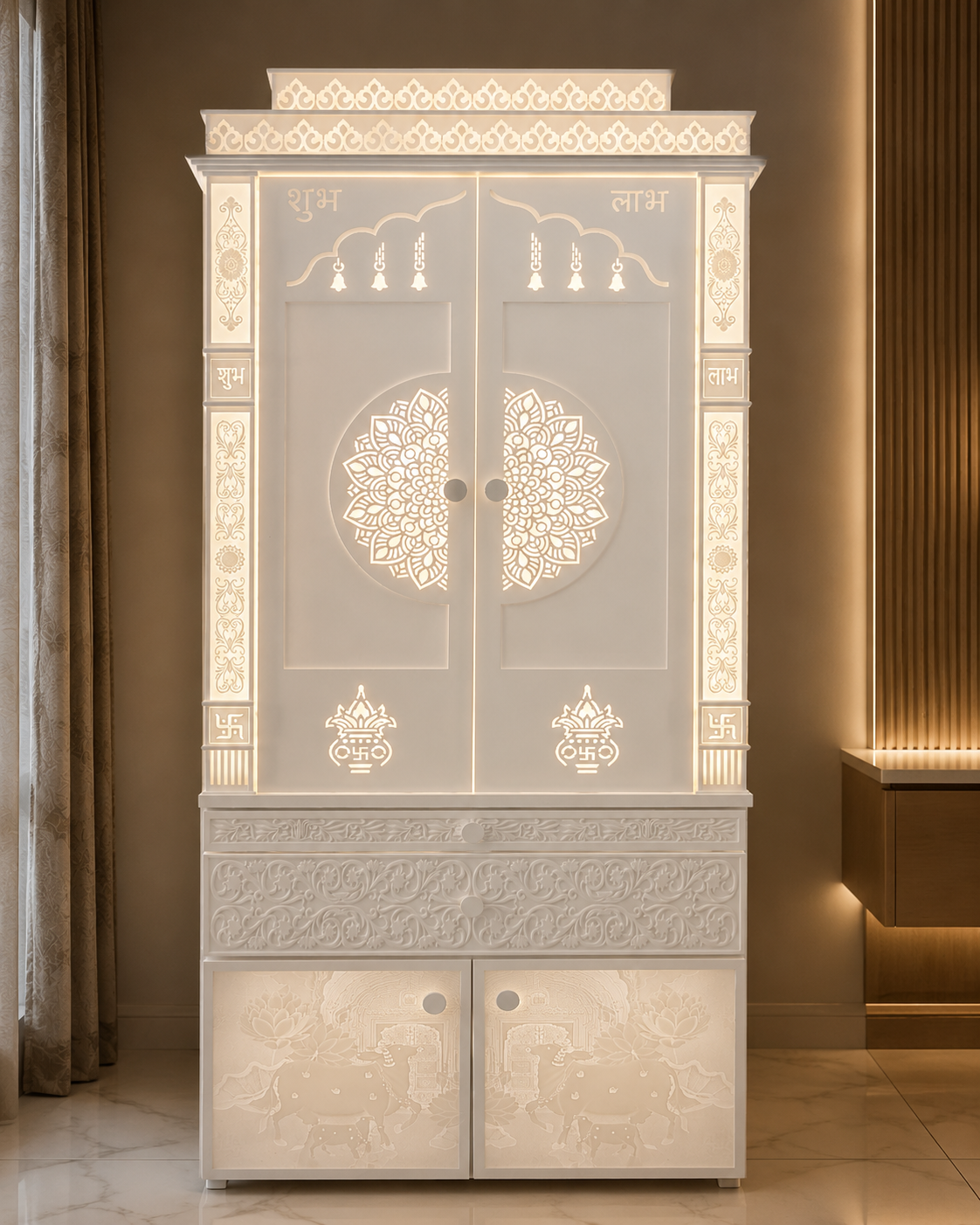 Front view of a premium double-door Corian mandir with backlit mandala jali and cow-carved storage