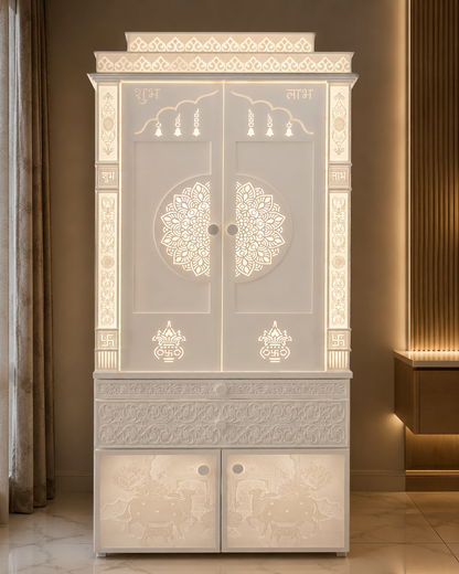 Front view of a premium double-door Corian mandir with backlit mandala jali and cow-carved storage