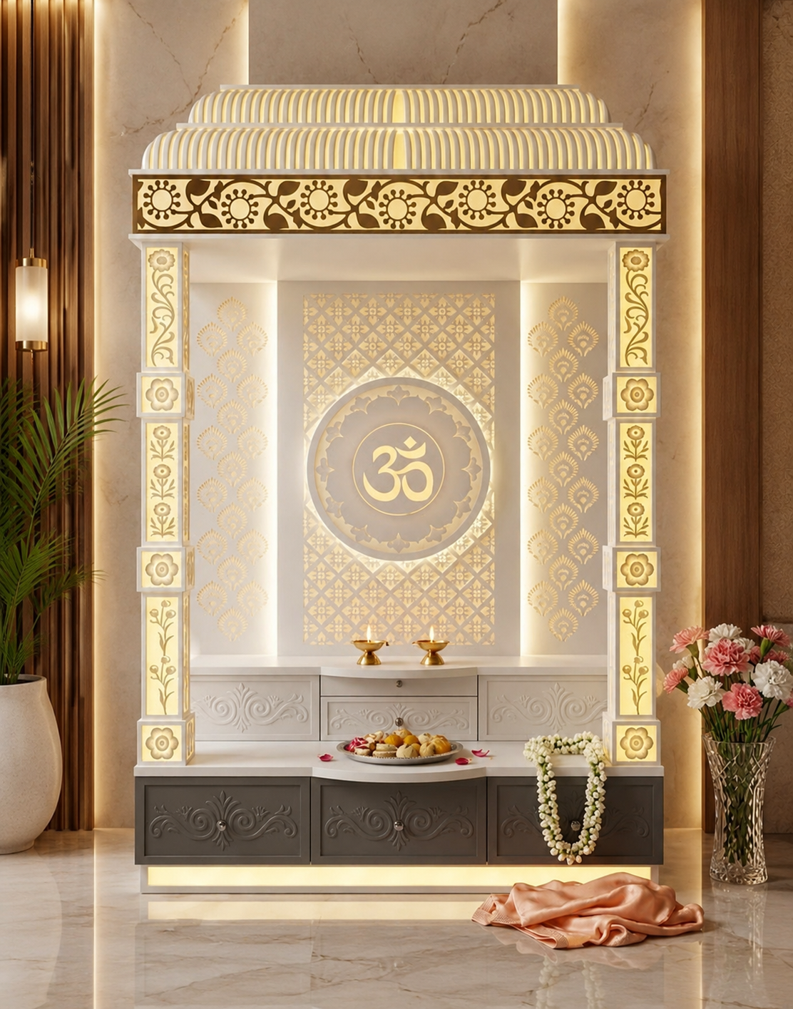 Premium Glacier White Corian mandir with multi storage platform, arc shaped dome and backlit pillars by Satguru Creations Mumbai - Corian temple collection