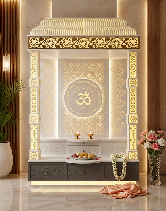 Premium Glacier White Corian mandir with multi storage platform, arc shaped dome and backlit pillars by Satguru Creations Mumbai