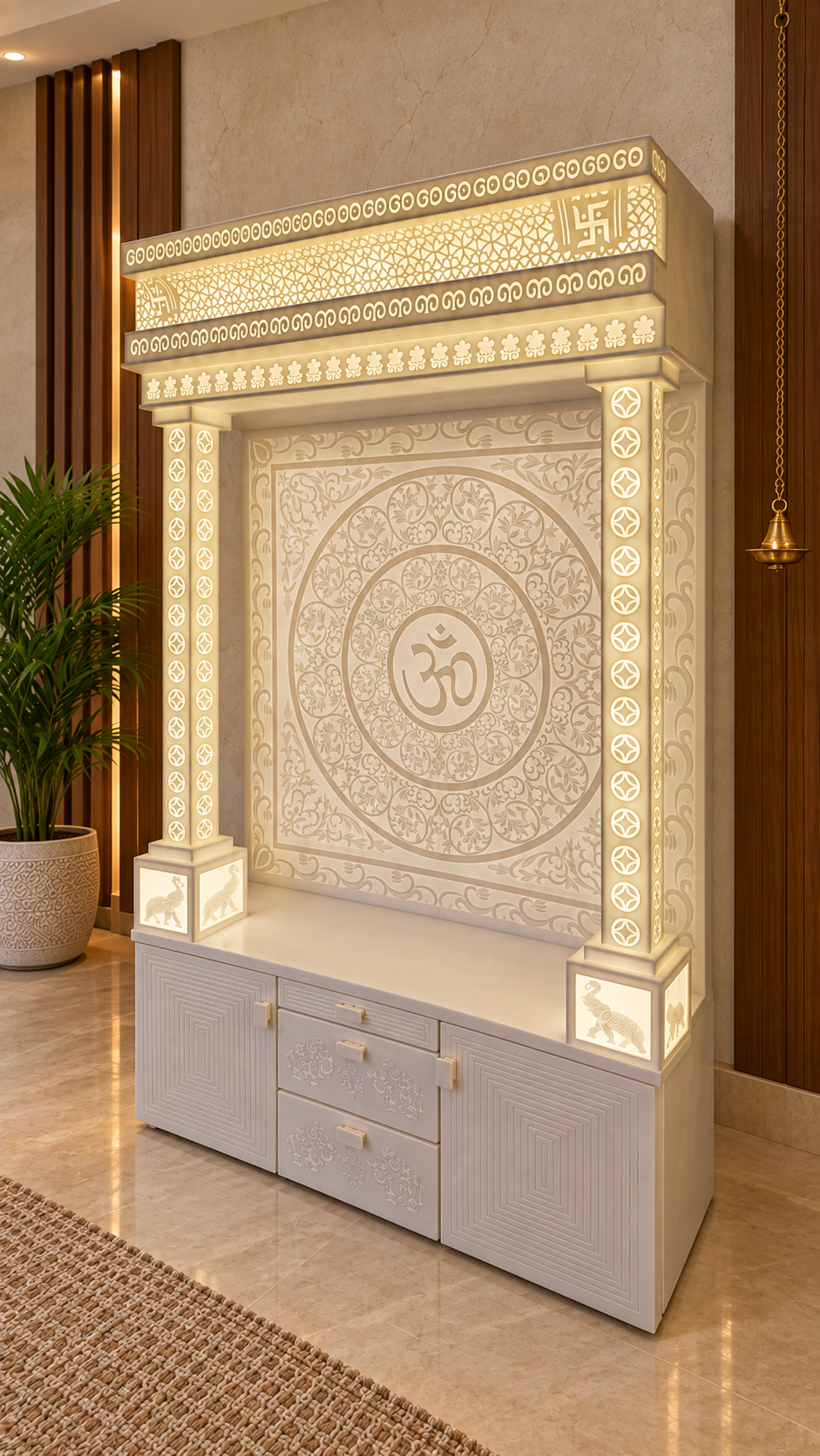 Angled view showing geometric jali, swastik ends, floral frieze and square illuminated pillars