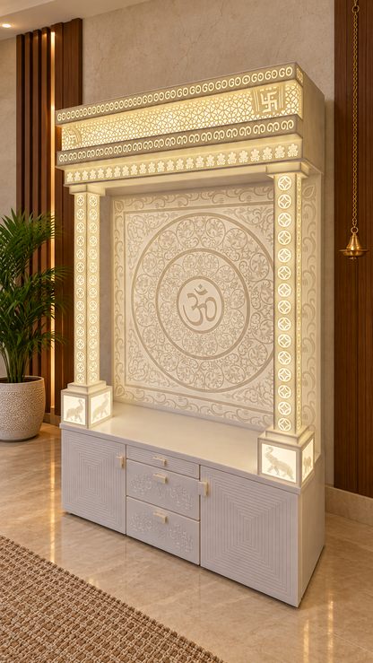 Angled view showing geometric jali, swastik ends, floral frieze and square illuminated pillars