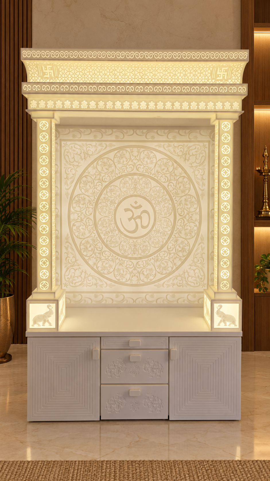 Front view of premium Korean temple for home with illuminated crown and large 3D floral Om mandala