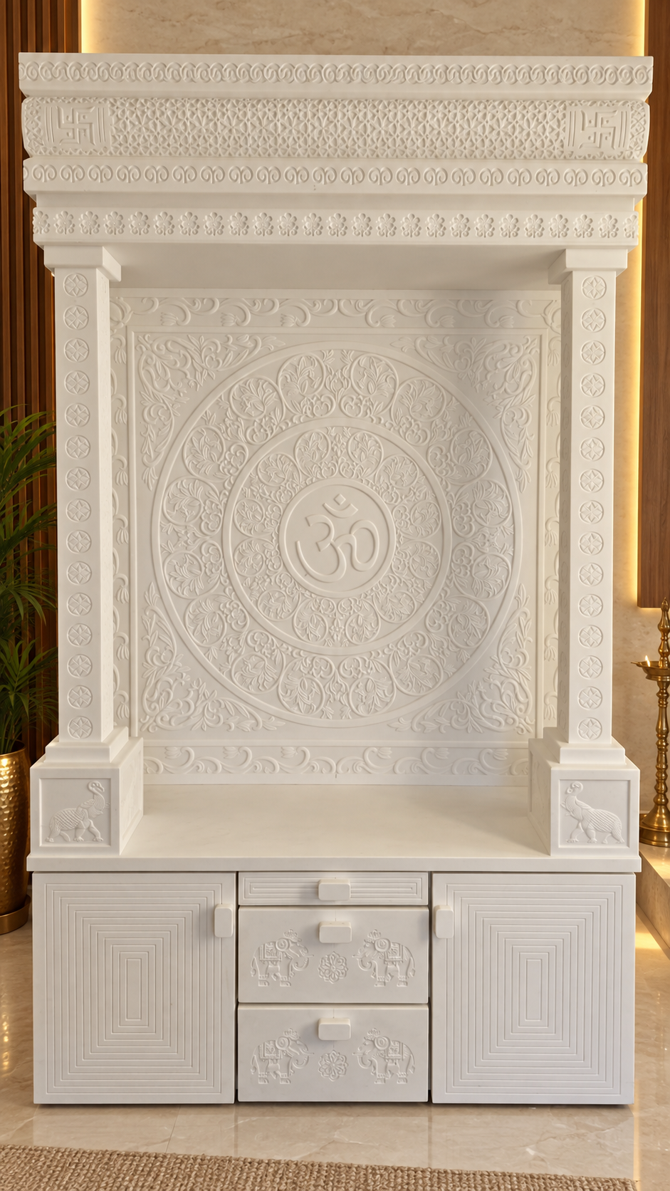 Lower view of floor sitting temple showing peacock plinth reliefs, altar, drawers and side cupboards