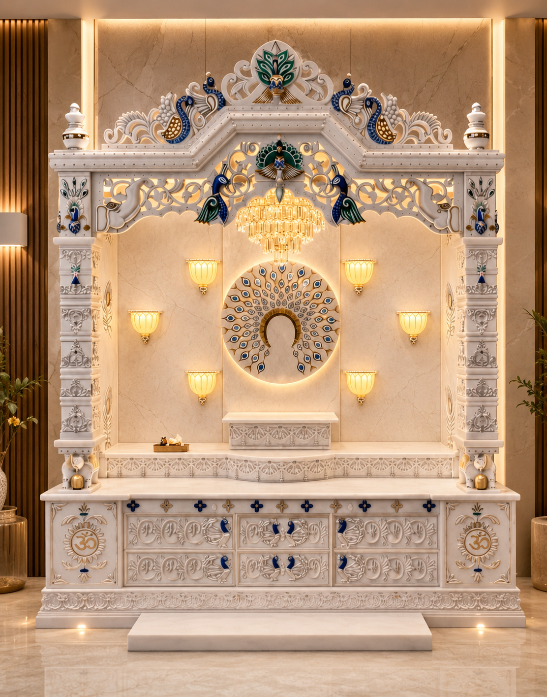 Premium modern Corian mandir with decorative arch designer pillars and warm backlit panel by Satguru Creations Mumbai