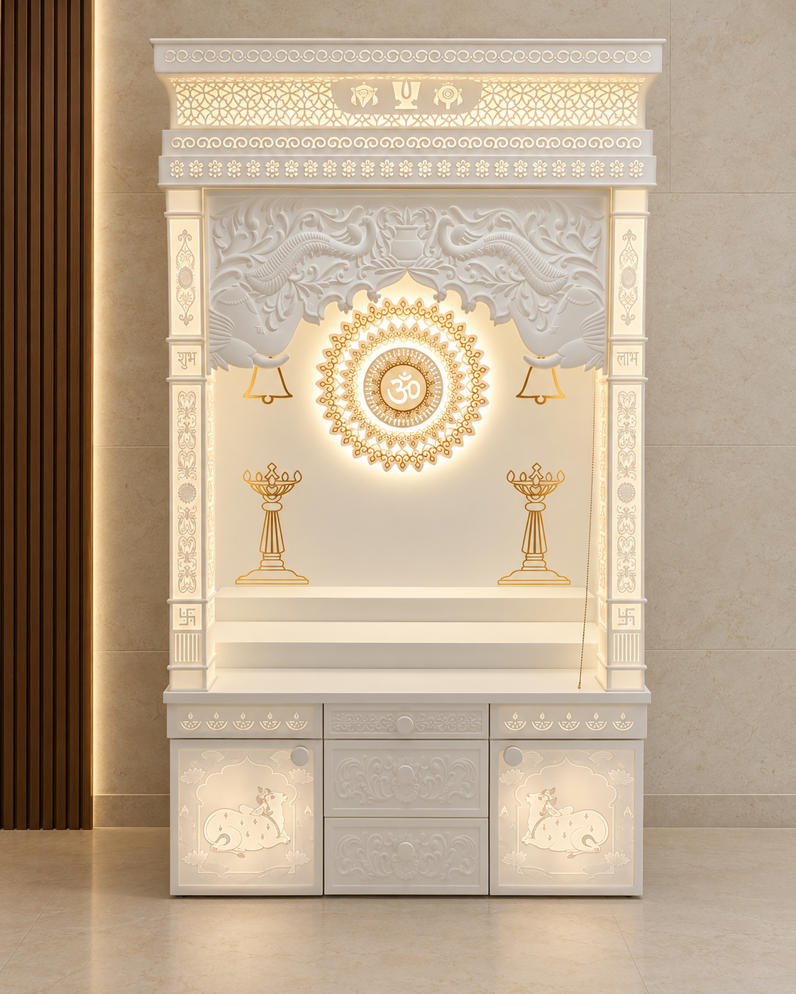 Front view of the Glacier White Corian mandir with illuminated peacock arch, Om backdrop and closed storage. Background digitally styled.