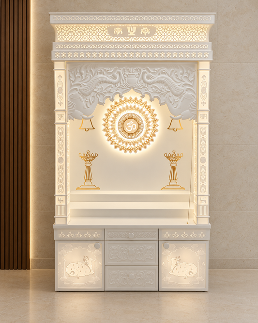 Front view of the Glacier White Corian mandir with illuminated peacock arch, Om backdrop and closed storage. Background digitally styled.