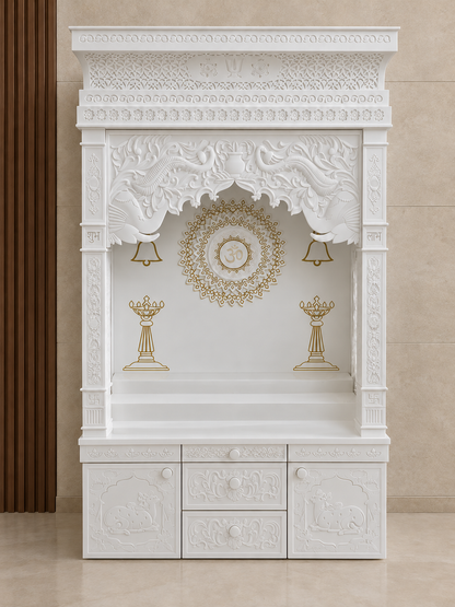 Full Corian mandir with the lights off, showing the white peacock relief, gold-toned Om and storage panels. Background digitally styled.