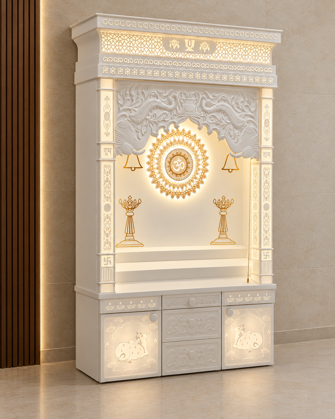 Digitally reconstructed left presentation view of the peacock arch Corian mandir with warm backlighting and closed storage.