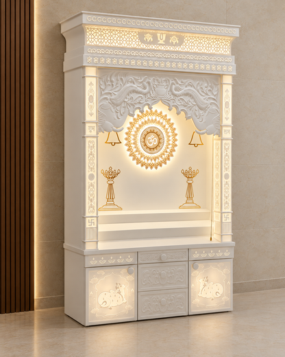 Digitally reconstructed left presentation view of the peacock arch Corian mandir with warm backlighting and closed storage.