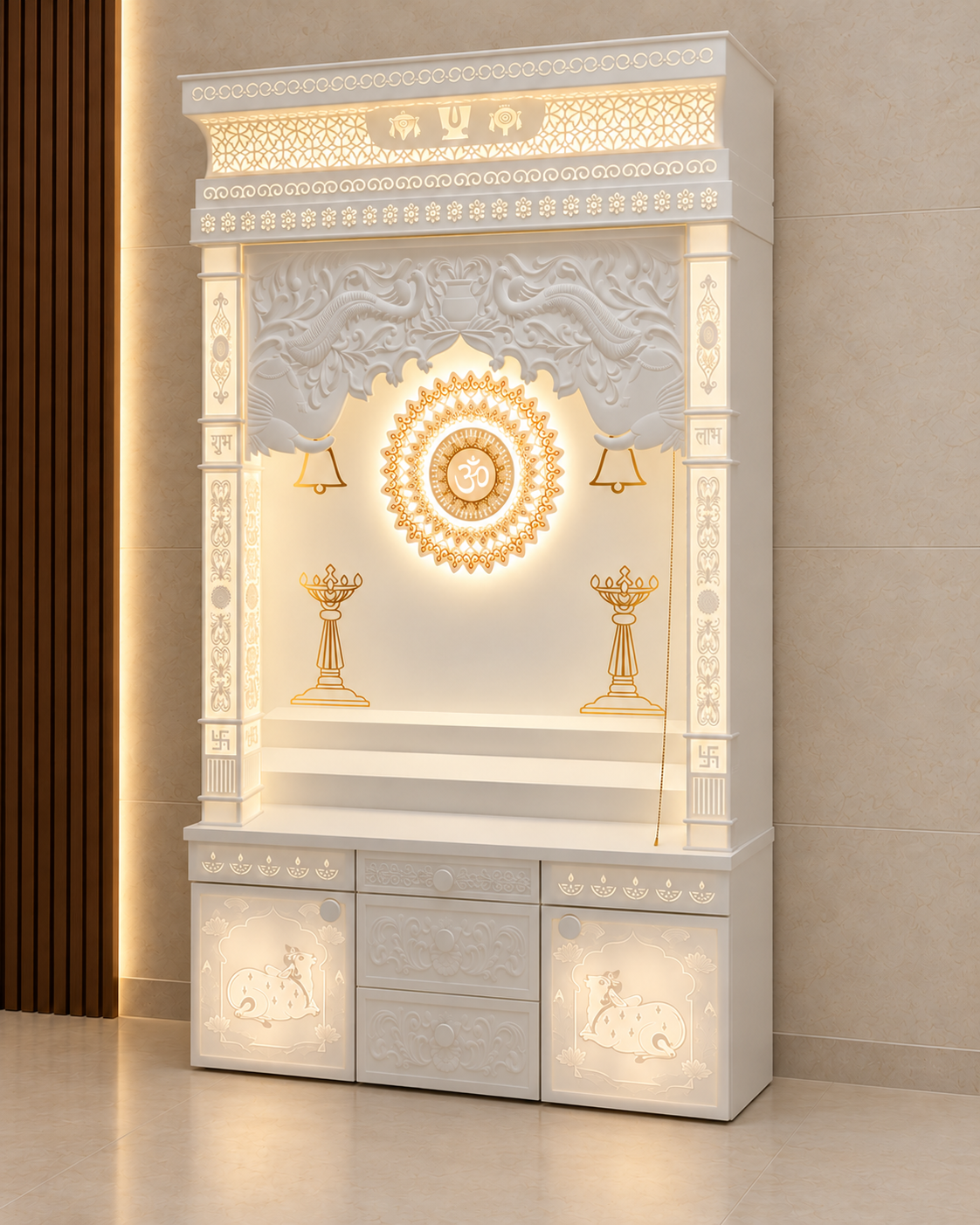 Digitally reconstructed right presentation view of the premium Corian mandir with peacock arch and Om backdrop.
