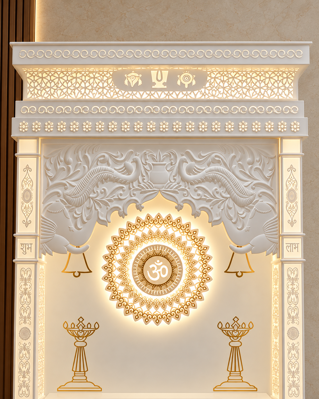 Close-up of the illuminated jali canopy, sculpted peacock arch and gold-toned Om mandala. Digitally styled from the supplied product photographs.