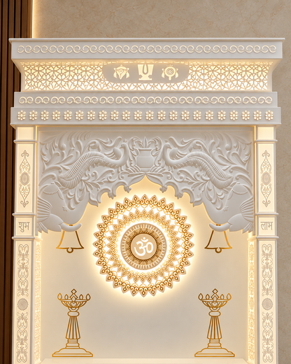 Close-up of the illuminated jali canopy, sculpted peacock arch and gold-toned Om mandala. Digitally styled from the supplied product photographs.