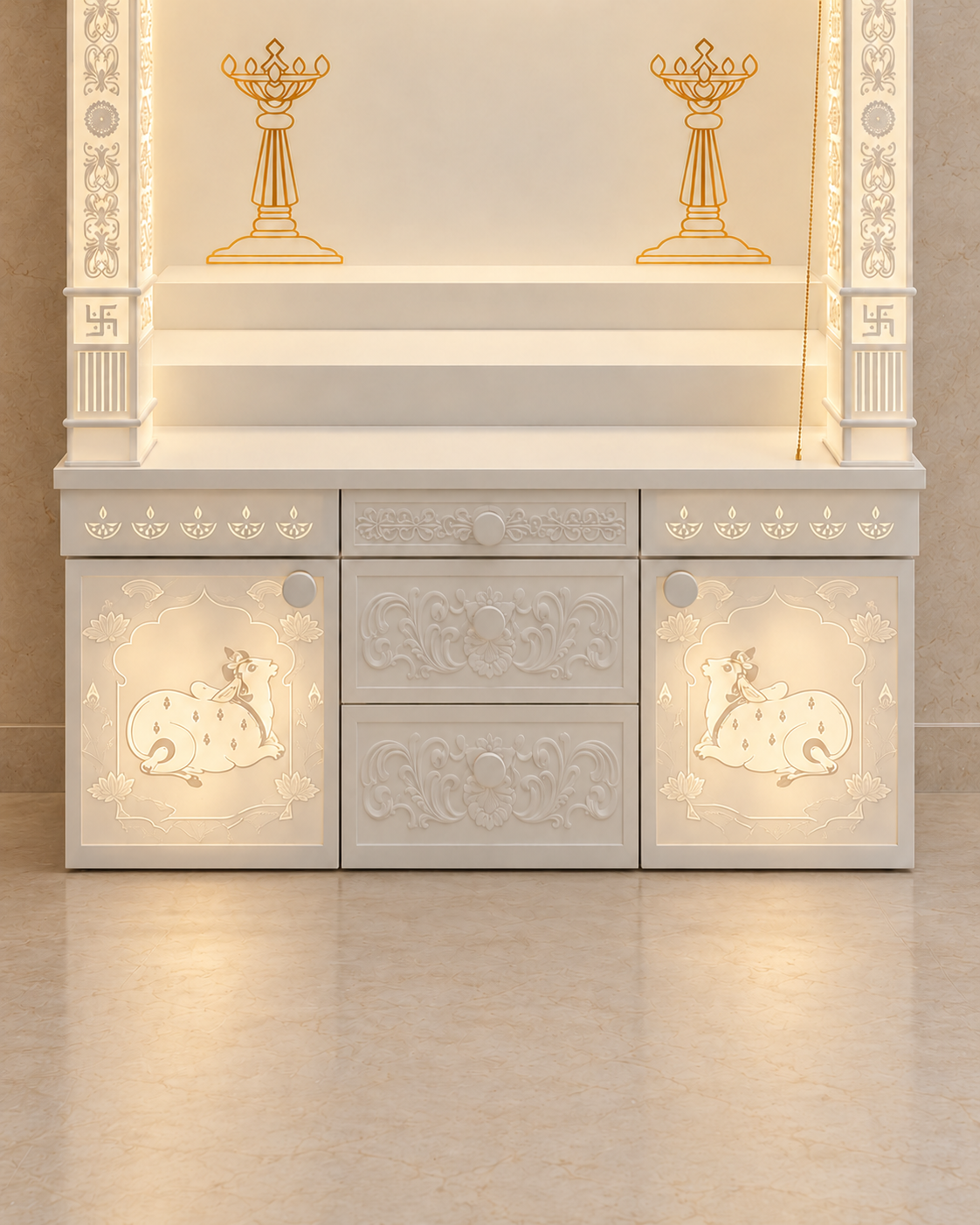 Close-up of the stepped altar and closed decorated storage fronts with illuminated cow motifs. Digitally styled from the supplied product photographs.