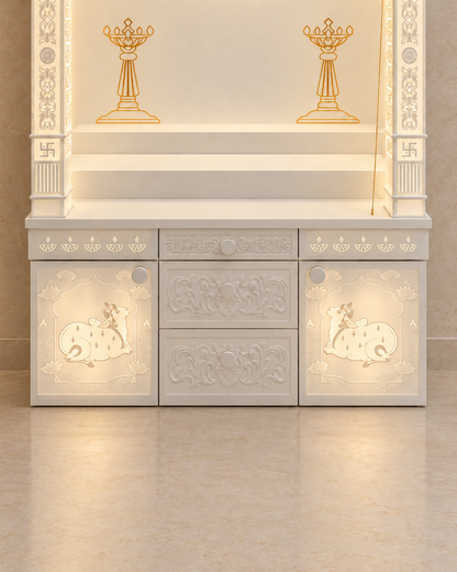 Close-up of the stepped altar and closed decorated storage fronts with illuminated cow motifs. Digitally styled from the supplied product photographs.
