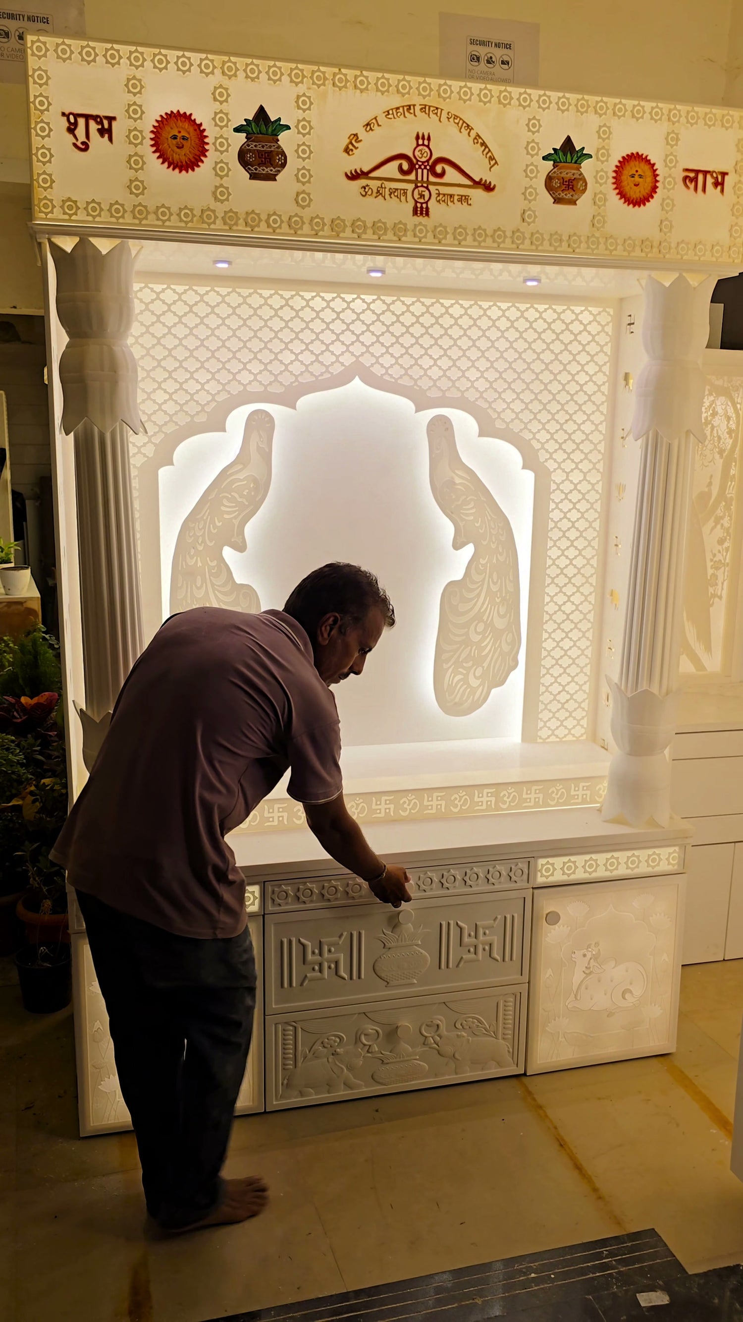 Premium 8ft x 5ft Corian mandir full front view with traditional ribbed pillars and backlit peacock jali arch - Corian temple collection