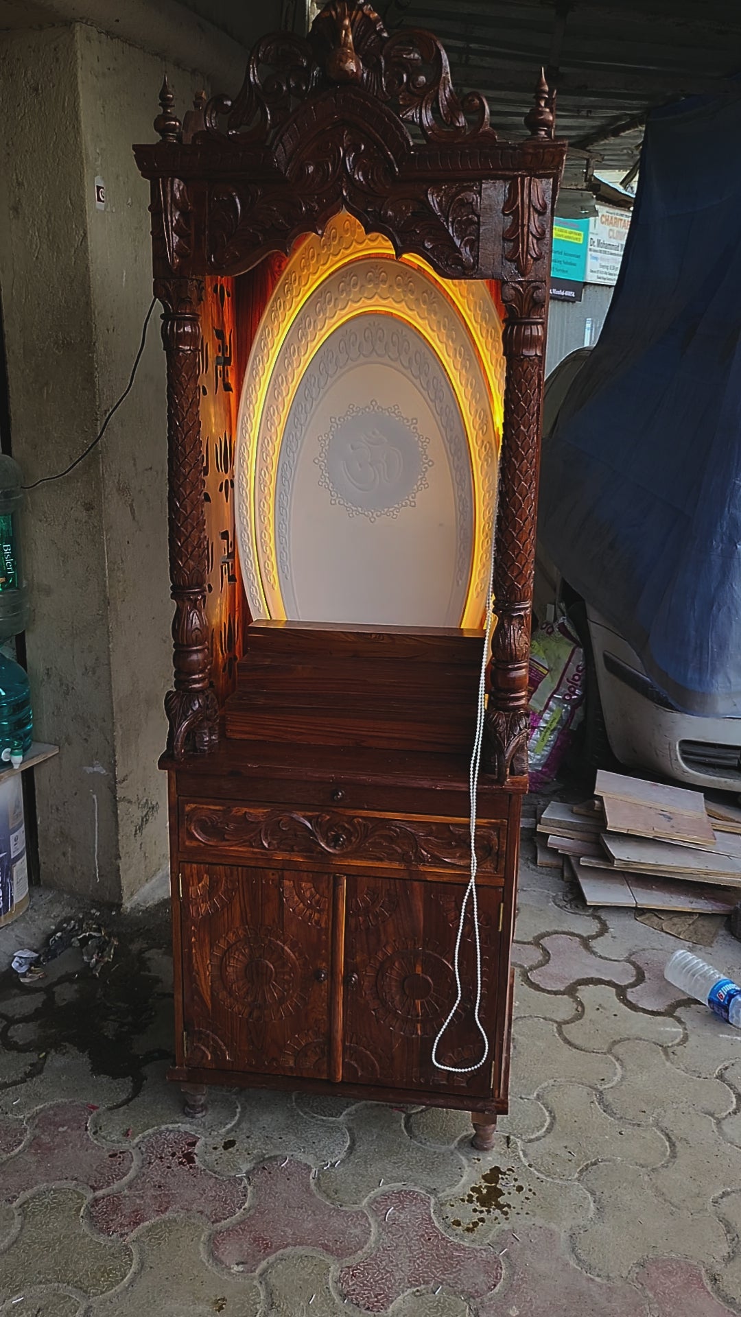 Teakwood mandir for home with corian backlit maker IN THANE