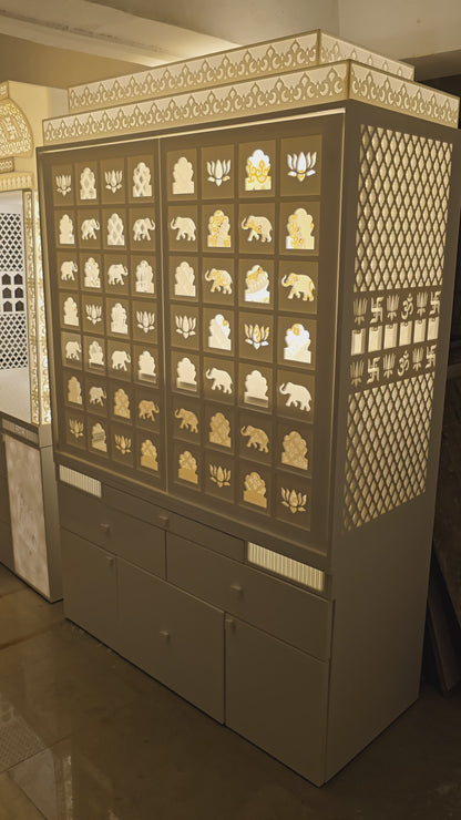 Luxury Corian Mandir with Sliding Door Mumbai | Intricate 3d traditional carving