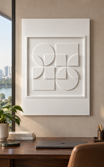 Quarterturn Circle Square satin white Corian wall panel front view in luxury Powai Mumbai study with a soft clay wall and low walnut desk