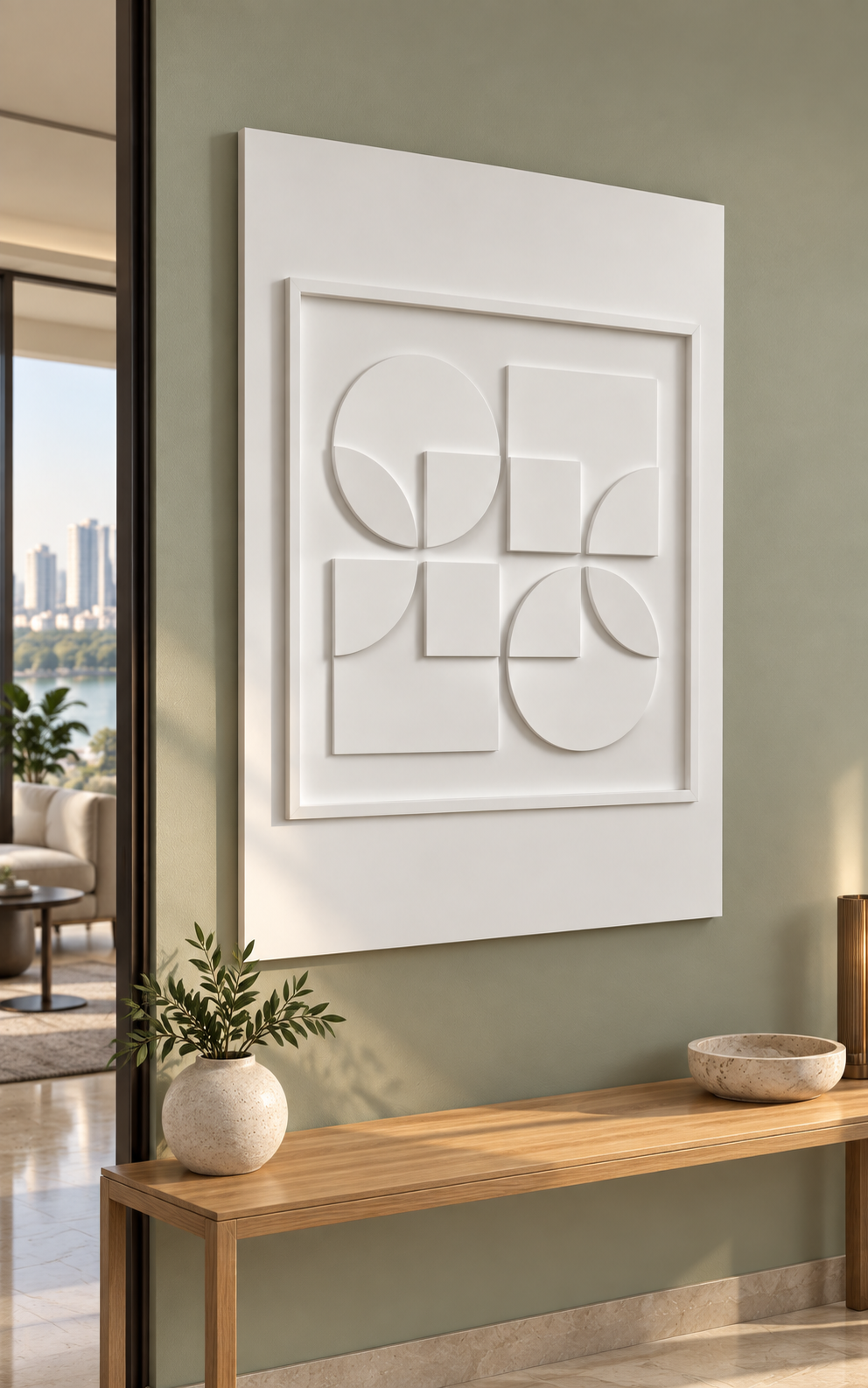 Quarterturn Circle Square satin white Corian wall panel left view in luxury Bandra Mumbai entrance foyer with a muted sage wall and slim oak console