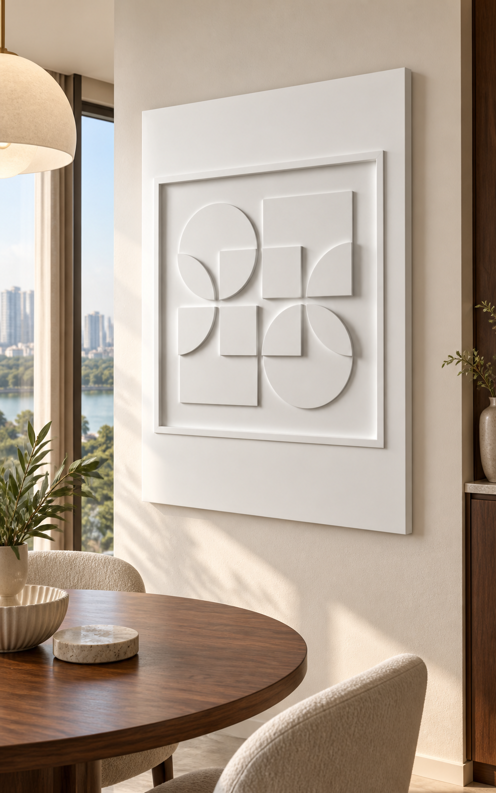 Quarterturn Circle Square satin white Corian wall panel right view in luxury Chembur Mumbai dining nook with an ivory wall and round walnut table