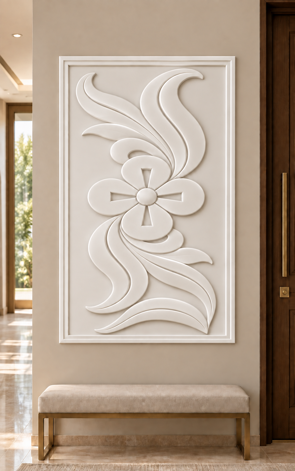 Quatrefoil Leaf Scroll Corian wall panel, front view in a Mumbai entrance corridor; AI-assisted concept visualisation