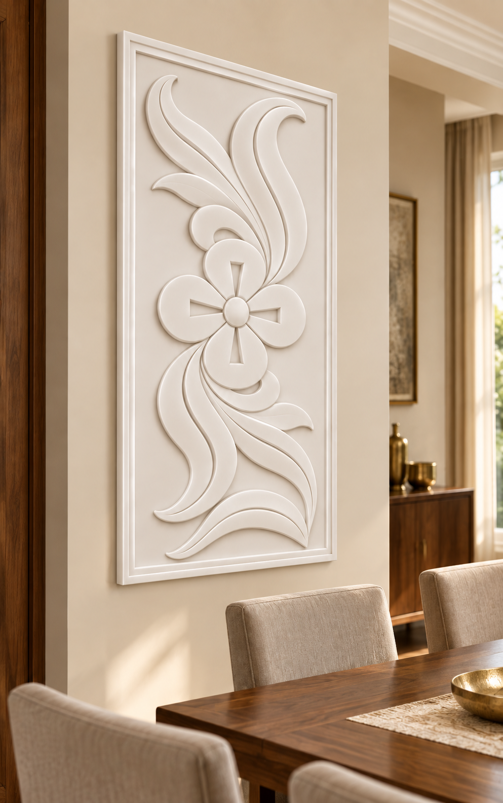 Quatrefoil Leaf Scroll Corian wall panel, left view in a Mumbai classic dining room; AI-assisted concept visualisation