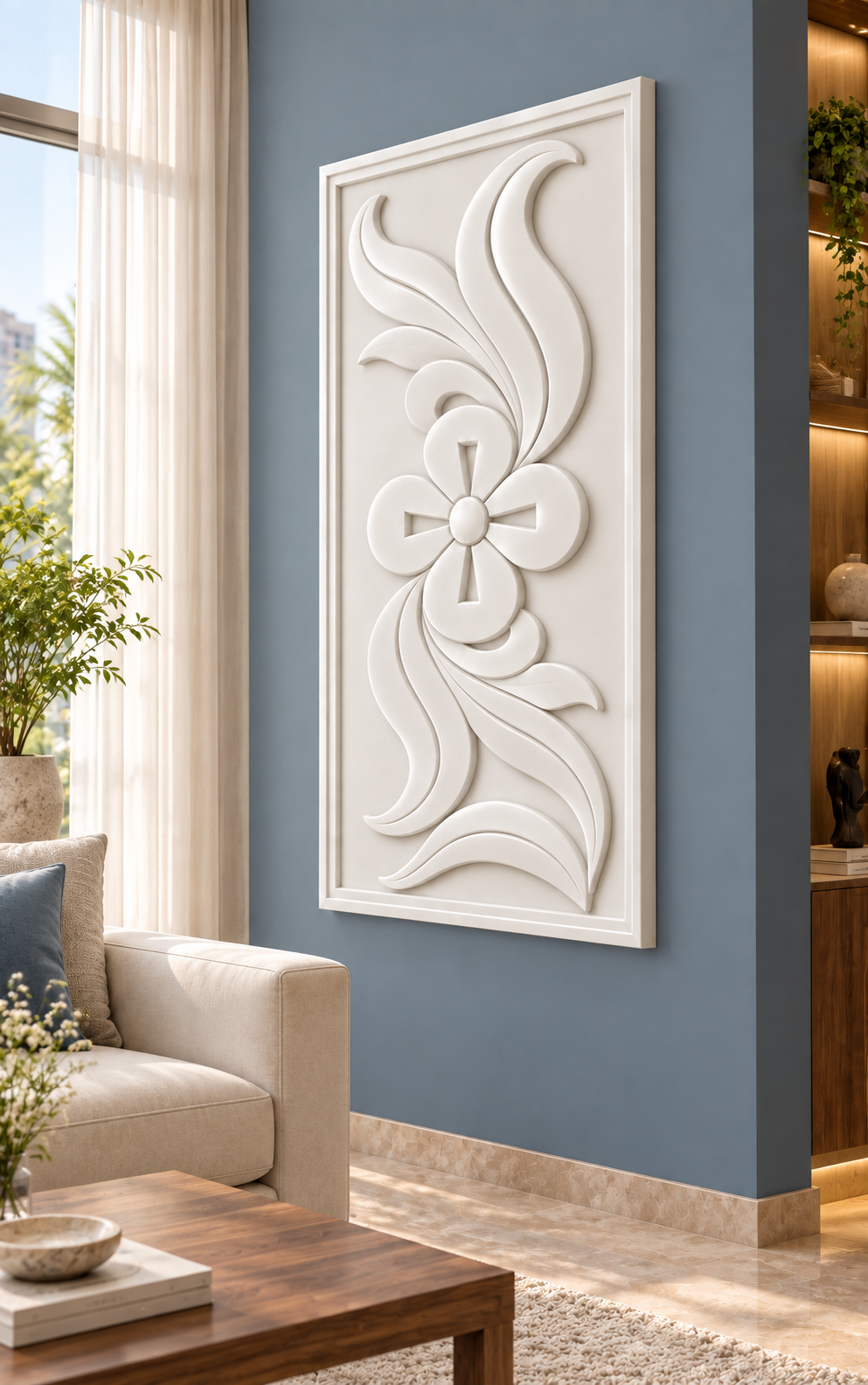 Quatrefoil Leaf Scroll Corian wall panel, right view in a Mumbai living room accent wall; AI-assisted concept visualisation