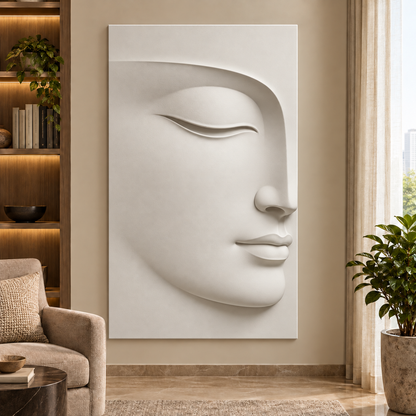 Quiet Arc Half Face Corian Wall Panel CWP-438, front view in a luxury Mumbai quiet reading room; white Corian relief concept visualisation