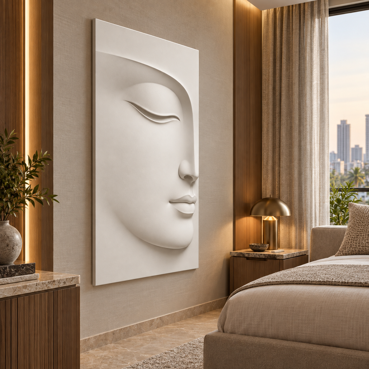 Quiet Arc Half Face Corian Wall Panel CWP-438, left view in a luxury Mumbai bedroom retreat; white Corian relief concept visualisation