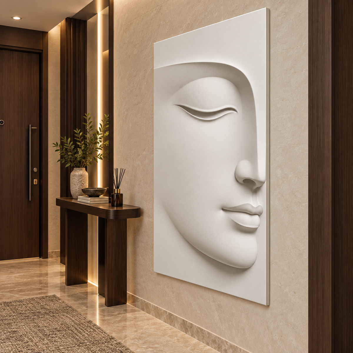 Quiet Arc Half Face Corian Wall Panel CWP-438, right view in a luxury Mumbai entrance gallery; white Corian relief concept visualisation