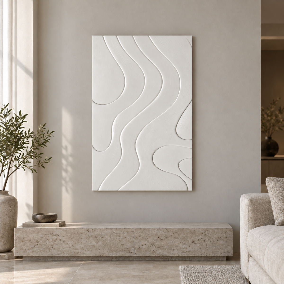 Quiet Bend Lines Corian wall panel, front view in a Mumbai minimal living room; AI-assisted concept visualisation